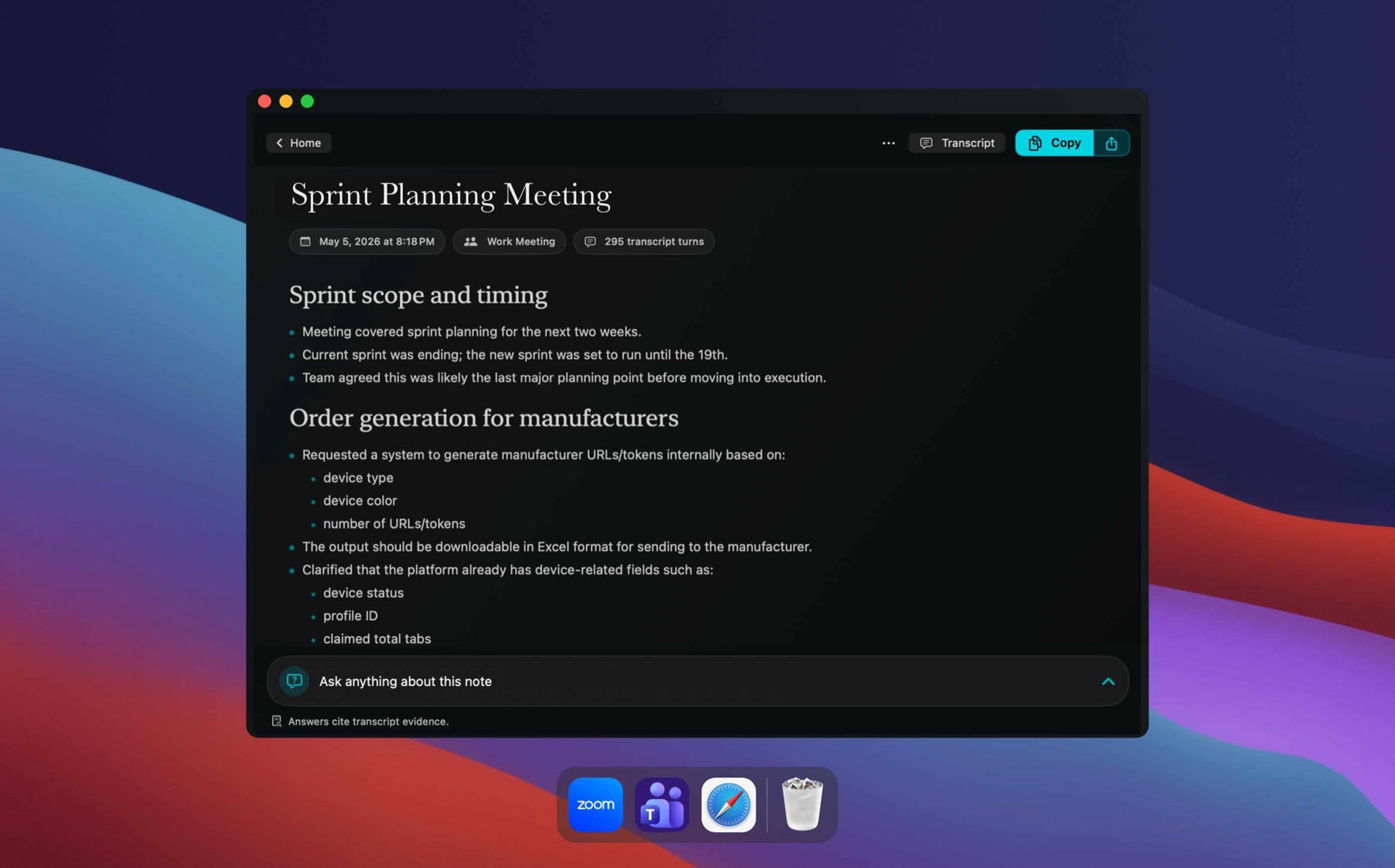 Scriberfy meeting summary notes view